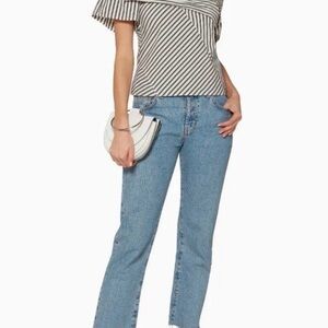 Theory Black and White Striped Off-Shoulder Top